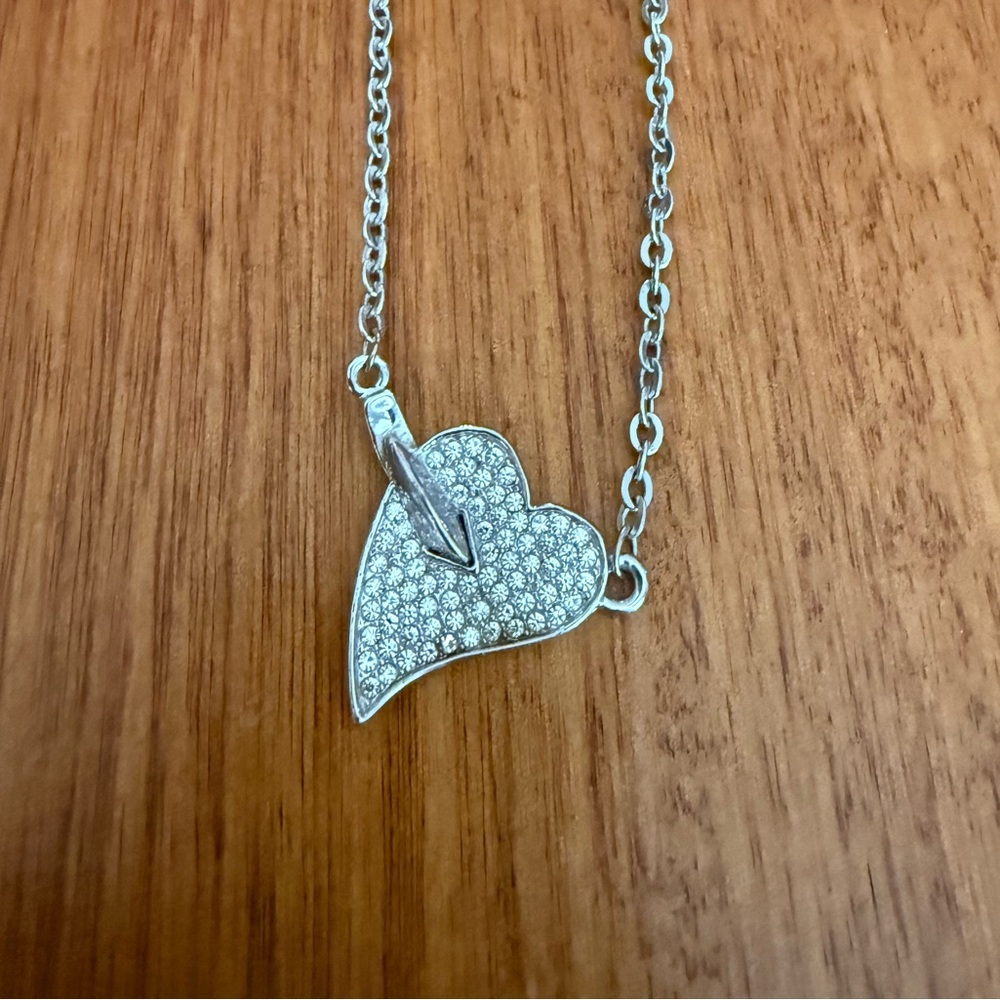 Silver Heart Rhinestone Pendant Necklace Valentines Day Feminine Classic Glam